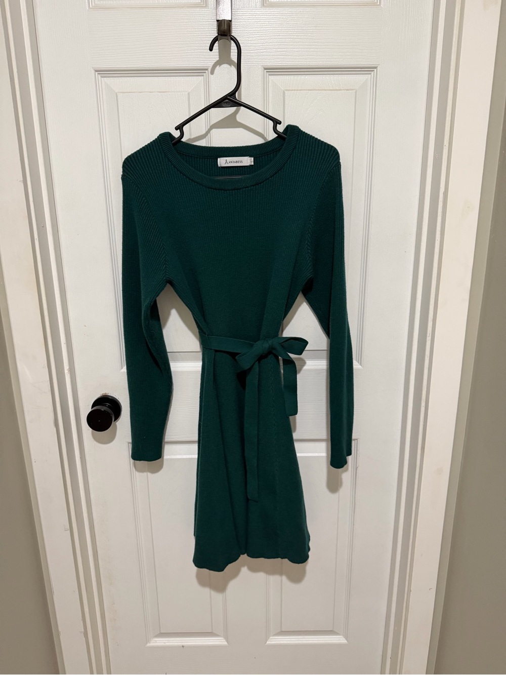 Knit Belted Crewneck Long Sleeve Dress in Deep Teal